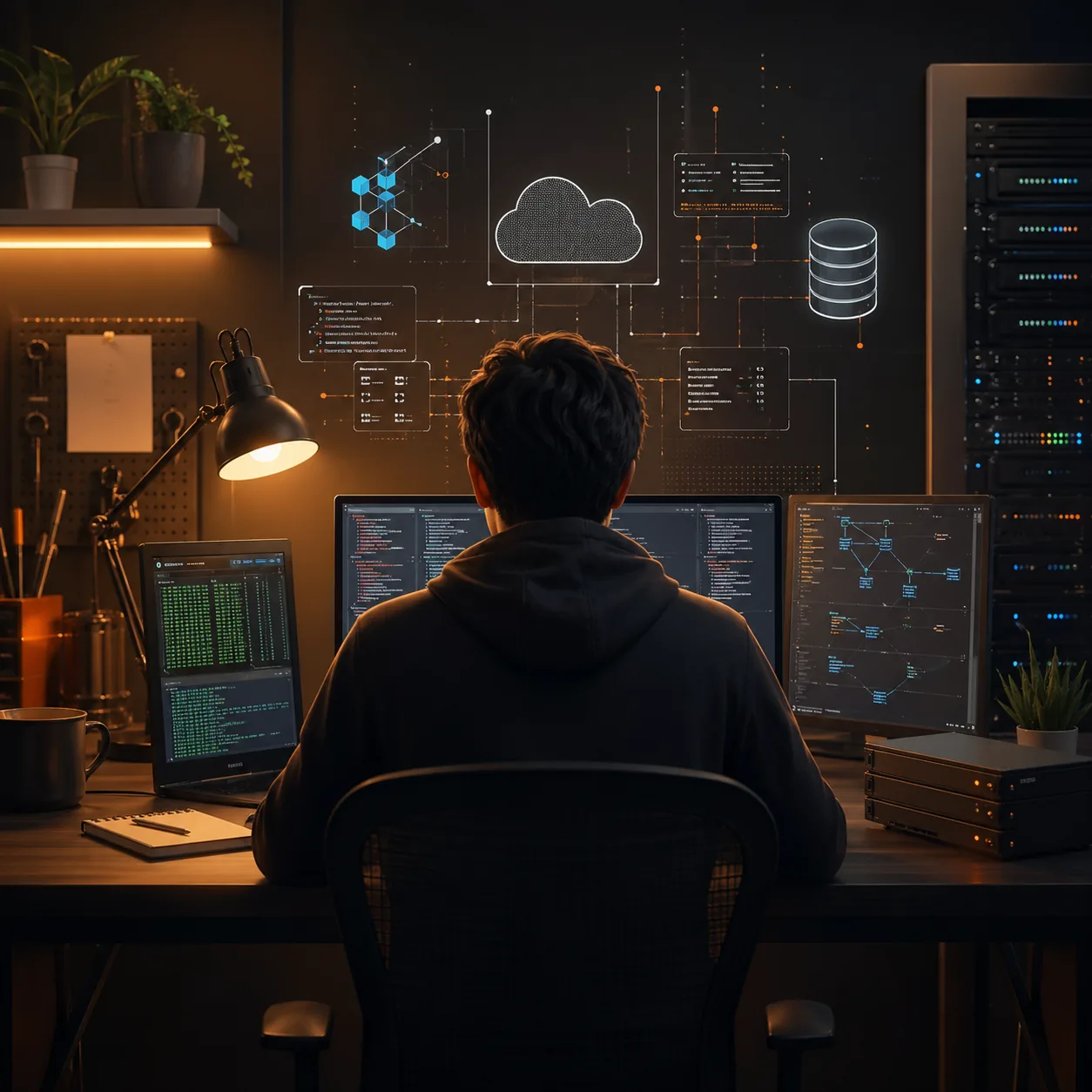 Abstract technology workspace illustration for Rikhza